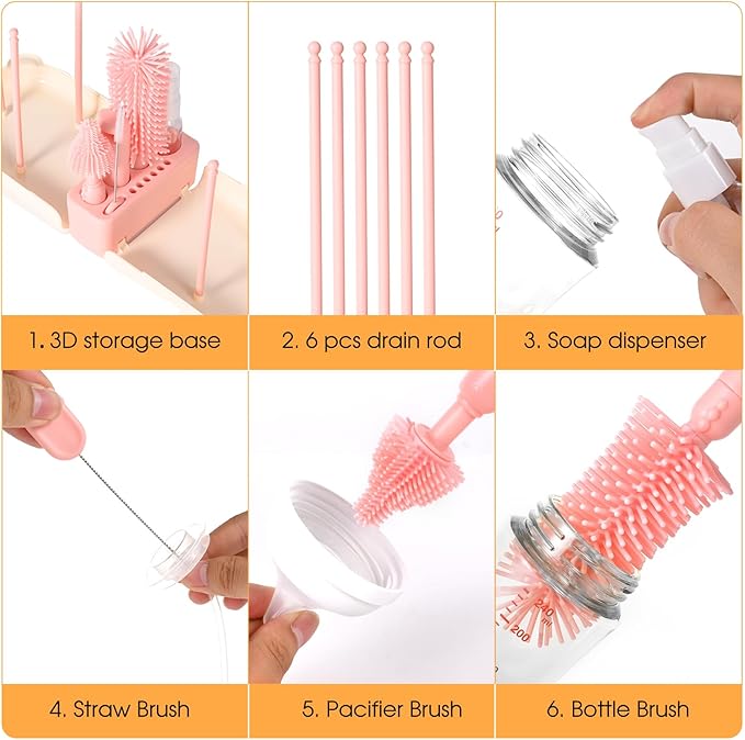 Travel Baby Bottle Cleaner Kit，7-in-1 Baby Bottle Brush Set for Travel and Home, All-in-One Baby Bottle Washing Kit: Integrated Cleaning & Drying System for Bottles and Breast Pump Parts (Pink)