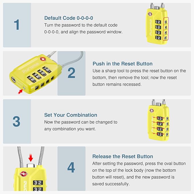 Puroma 2 Pack TSA Approved Luggage Lock, 4 Digit Combination Travel Cable Locks Resettable Code Lock with Zinc Alloy Body for Suitcase, Toolbox, Backpack, Bag, Gym Locker (Yellow)