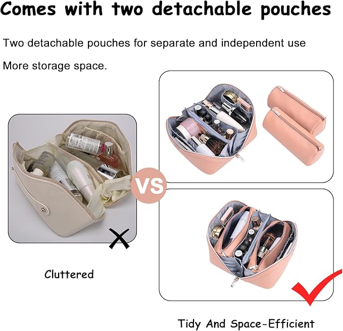 BOYATU Travel Makeup Bag Organizer Cosmetic Bag: 3 Pcs Set Make up Bags for Women with Handle - Waterproof Vegan Leather Toiletry Bags Travel Essentials Pouch with Compartments (C-05-Pink)