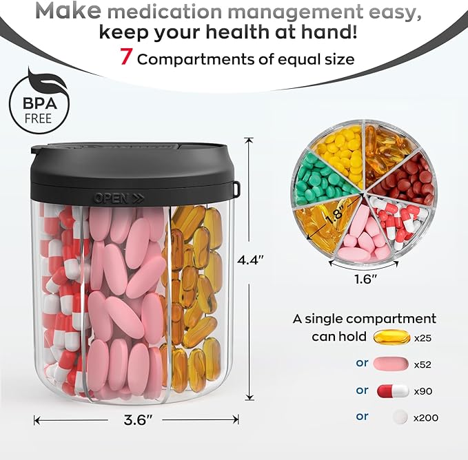 Pill Bottle Organizer with 7 Large Compartments, Pill Dispenser for Travel, Supplement Organizer with Anti-Mixing Design, BPA-Free Pill Container with 20 Pcs Labels, Black