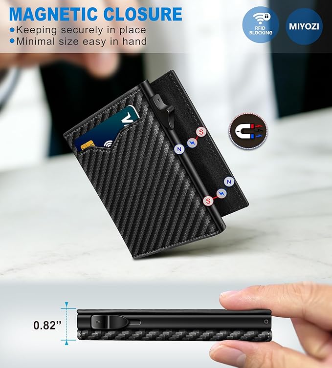 miyozi Wallet for Men,with Cash Pocket 2 ID Window 9-13 Cards,Metal Case Smart Slim Pop Up Credit Card Holder Flip with Magnetic Closure RFID Blocking Trifold wallet with Gift Box