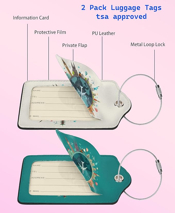 2P Go Travel Flight Views Luggage Tags Privacy Cover ID Label with Stainless Steel Loop and Address Card for Travel Bag Suitcase Funny Cute Man Women Kids