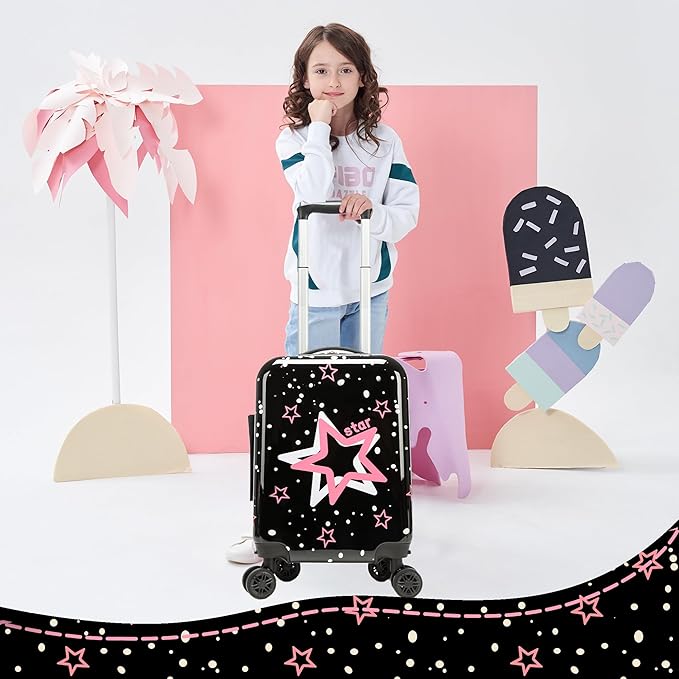 Kid's Luggage Set 2 Piece Suitcase Set Hardside Luggage with Spinner Wheels Girls Carry on Toddler Travel Rolling Suitcase with Neck Pillow Airline Approved