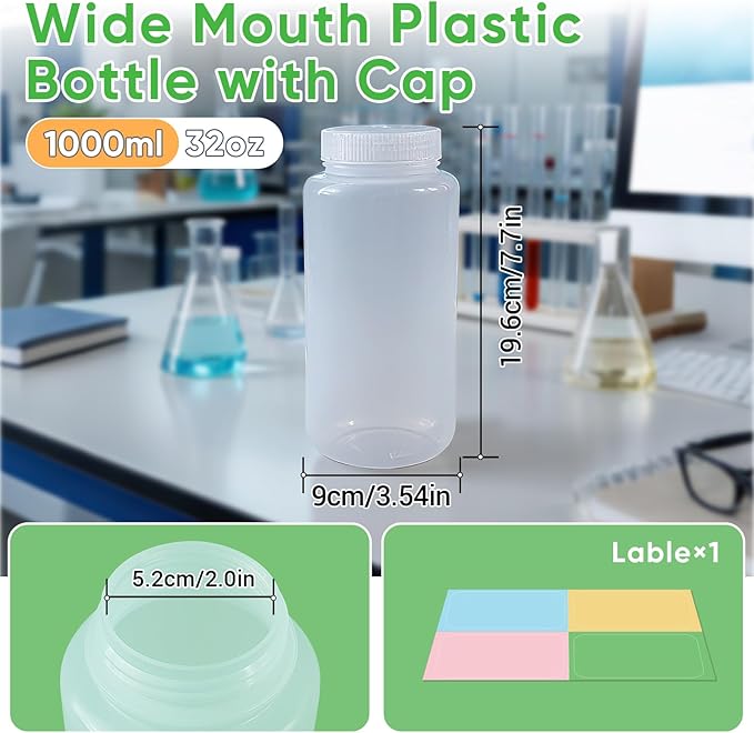 DEMORA 32 oz Plastic Bottles with Lids, Airtight Refillable Wide Mouth Travel Bottles for Toiletries, PP Food Grade Plastic Containers for Liquids Pill Water Sample Lab Reagent (Clear, 2 Pcs)