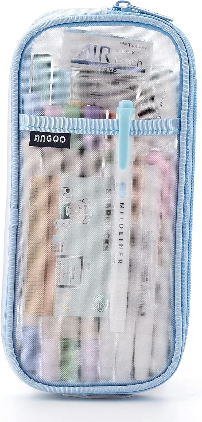 EASTHILL Grid Mesh Pen Pencil Case with Zipper Clear Makeup Color Pouch Cosmetics Bag Multi-Purpose Travel School Teen Girls Transparent Stationary Bag Office Organizer Box for Adluts(Blue)