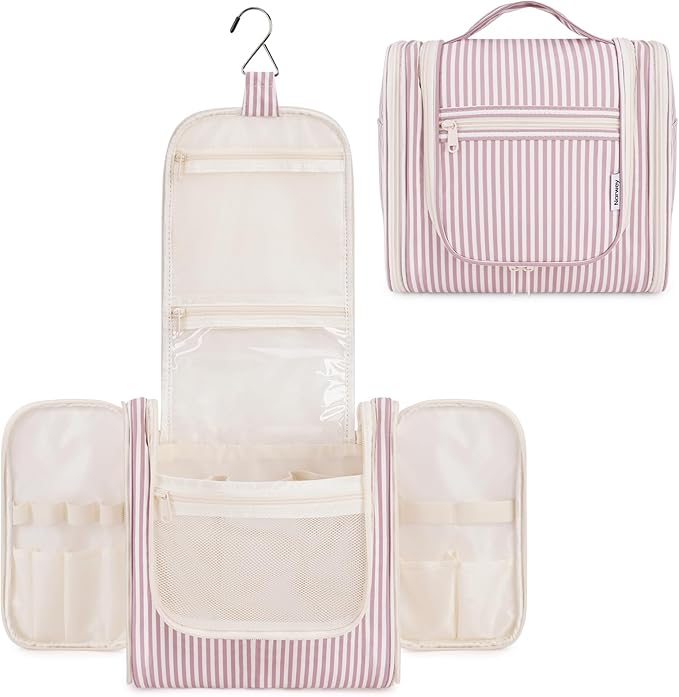 Narwey Striped Hanging Travel Toiletry Bag for Women, Travel Bag for Toiletries, Makeup Bag Organizer Cosmetic Bags Make Up Bags for Women (Dusty Rose Stripe)