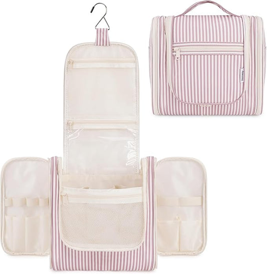 Narwey Striped Hanging Travel Toiletry Bag for Women, Travel Bag for Toiletries, Makeup Bag Organizer Cosmetic Bags Make Up Bags for Women (Dusty Rose Stripe)
