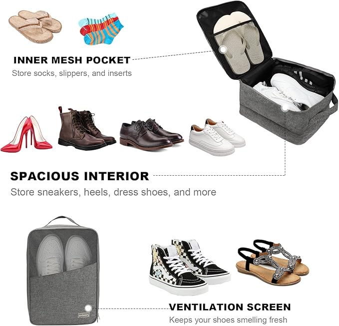 Emissary Shoe Bag Holds 3 Pair of Shoes for Travel, Large Waterproof Shoe Bags for Storage, Shoe Bags for Travel With Pocket, Sneaker Travel Bag for Women Men(Grey)