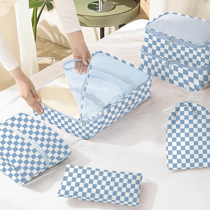 8 Set Packing Cubes for Travel, Luggage Packing Organizers Accessories Large Toiletries Bag for Clothes Shoes Cosmetics (Blue Checkered)