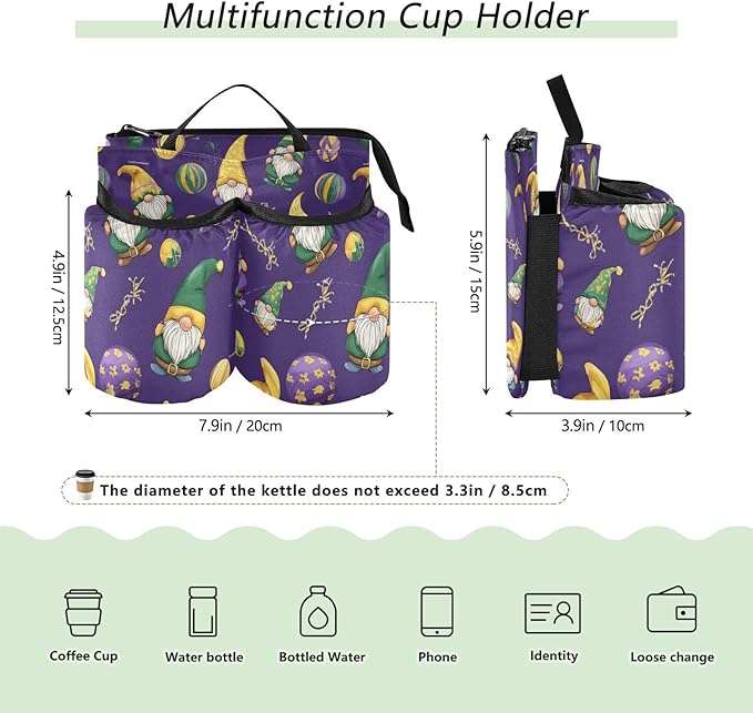 Luggage Cup Holder for Suitcases Free Hands Travel Cup Holder Portable Suitcase Cup Drink Holder Luggage Cup Caddy Bag Carrier Mardi Gras Gnomes