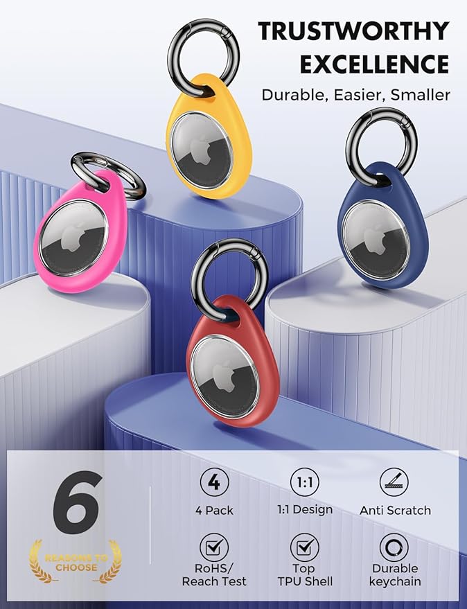 UNBREAKcable Holder for Apple AirTag - 4 Pack [Fit Tightly Design] [Easy to Install] [Hold Air Tag Securely] Waterproof TPU Shell Protective Case with All Metal Keychain Key Ring Clip