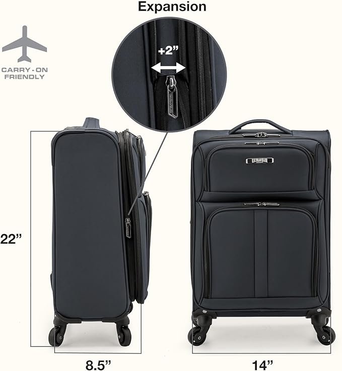 U.S. Traveler Anzio Softside Expandable Luggage with Spinner Wheels, Dark Grey, 22-Inch Carry-on