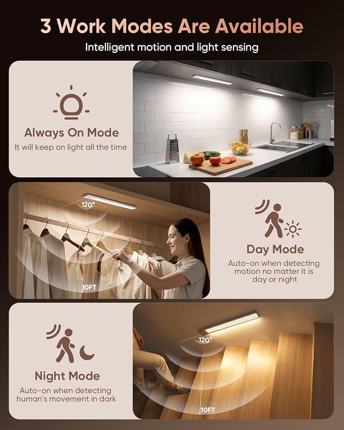 12inch Under Cabinet Lighting Wireless 5 Pack 3000mAh Motion Sensor Light | 450LM Bright Under Counter Closet Lights for Kitchen, Stairs Rechargeable Battery Operated Stick On Dimmable, Magnetic
