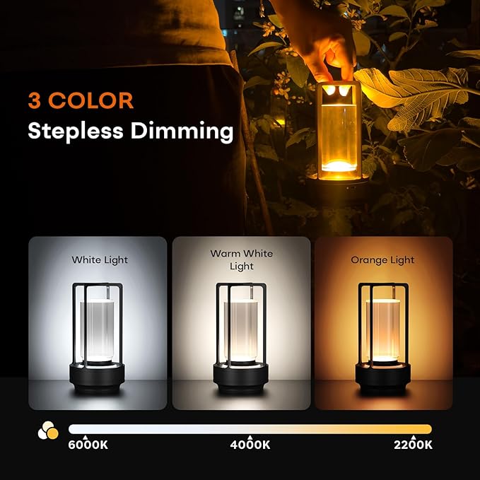 Rechargeable Cordless Small Metal Table Lamp, Stepless Dimming, 3-Color | Black, 2600mAh Battery, Portable LED Desk Light, Cute, Suitable for Indoor/Outdoor/Restaurant/Bedroom/Bar/Coffee/Camping