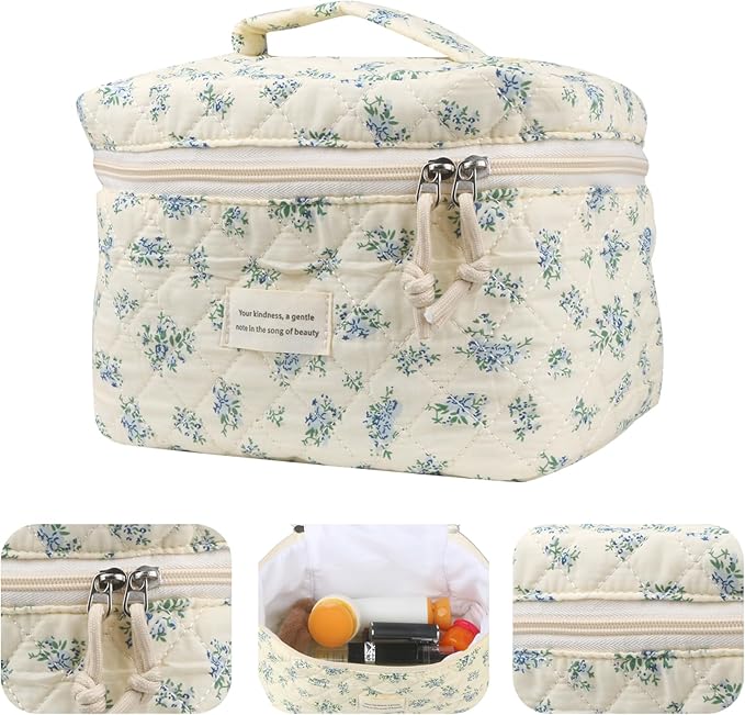 Cute Makeup Bag for Women(2 Pcs), Travel Cosmetic Bags, Quilted Coquette Aesthetic Floral Toiletry Organizer Bag (41 - Blue Rose/4PCS)