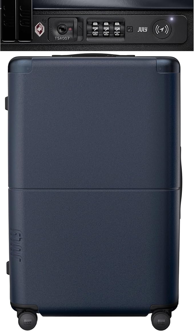 Checked Plus with CaseSafe - 28.75" Trackable TSA Lock Airline Approved Check In Luggage with Wheels, Rolling Suitcase for Men & Women - Silent Spinner Wheels, Y-Strap - Navy
