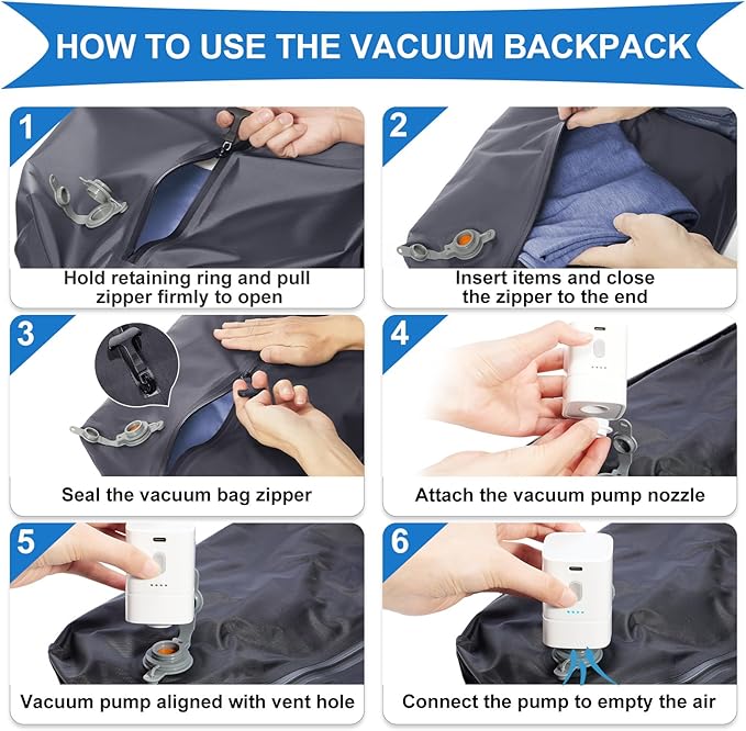 coowoz Vacuum Backpack Travel with Pump,Travel Backpack with Vacuum System For Women Men,Carry On Backpack,Hiking Backpack Waterproof Outdoor Sports Rucksack Casual Daypack,30L(Vacuum pump),Black