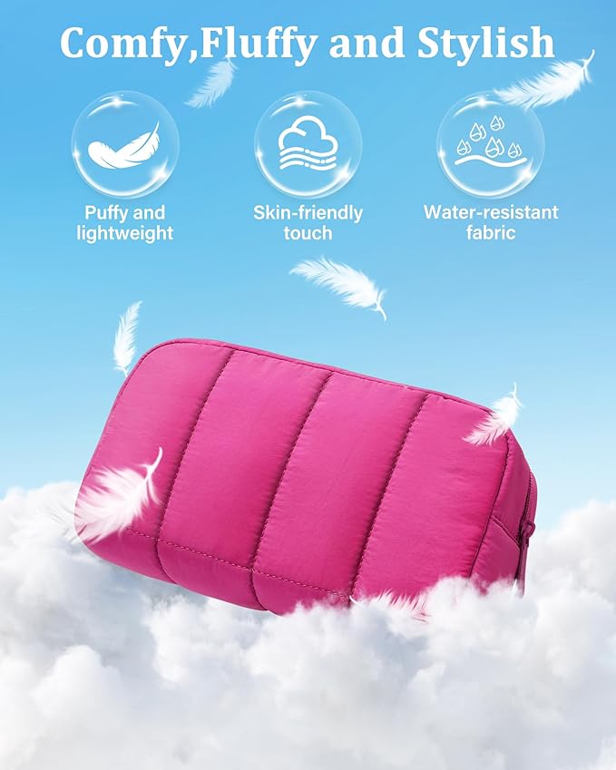 oscaurt 2 Pcs Makeup Bag Travel Toiletry Bag for Women Puffy Padded Cosmetic Pouch Purse Wide-open Makeup Organizer Case Travel Essentials