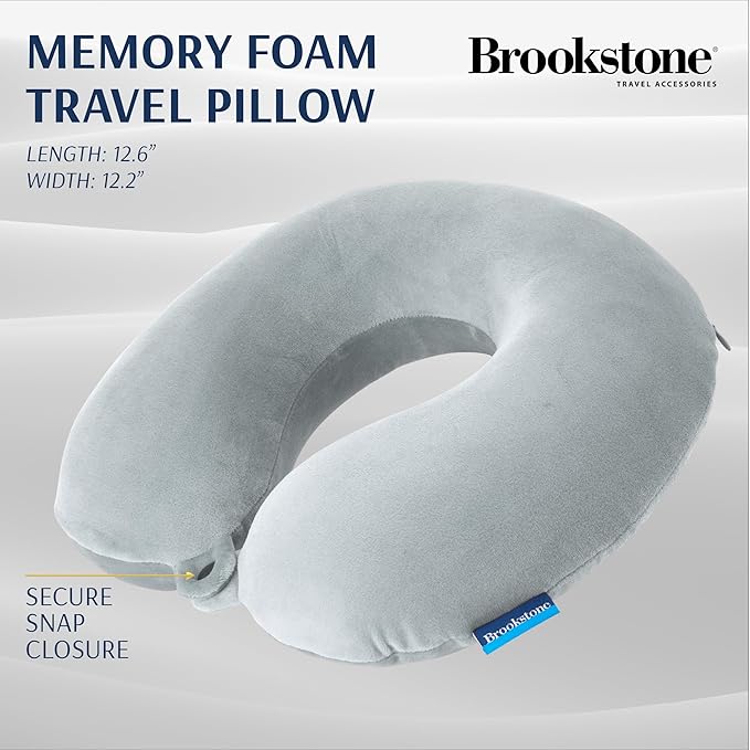 Brookstone Travel Neck Pillow - Lightweight Fleece Casing U-Shaped Stuffable Memory Foam Travel Pillow for Sleeping and Neck Support, Size One Size, Grey