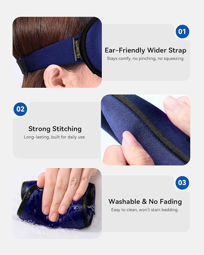 Weighted Blackout Sleep Mask, 3D Contoured Zero Eye Pressure, Lash-Friendly Deep Eye Cups, Adjustable Slide Buckle Strap, Spring Break & Beach Vacation Essential, Summer Travel Sleep Mask (Navy Blue)