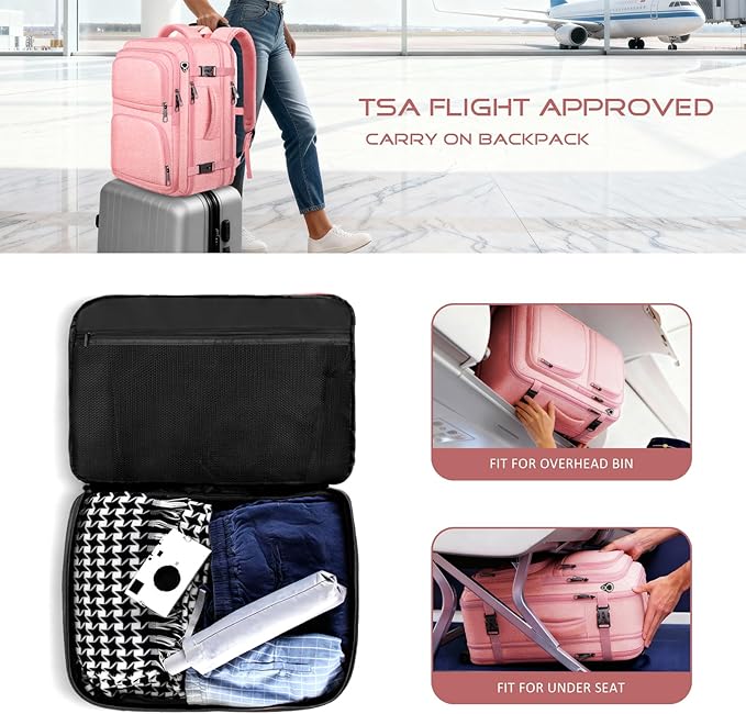 Travel Backpack for Women, Expanable Carry on Backpack, TSA 17.3 inch Laptop Bag Flight Approved, Lightweight Waterproof Business Luggage Bag, Travel Gifts for Women, Pink
