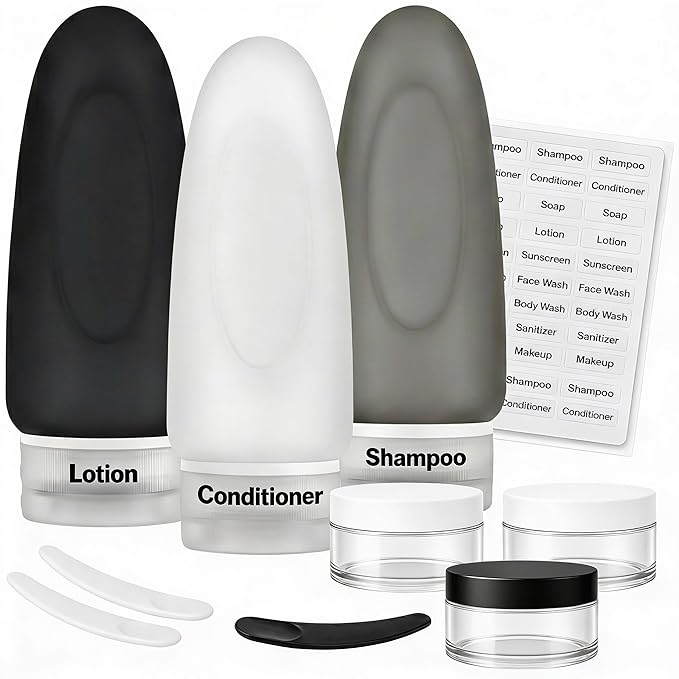 Dot&Dot Leak Proof Travel Bottles - TSA Approved 3oz 10pc Silicone Toiletries Travel Shampoo & Conditioner Containers with Labels