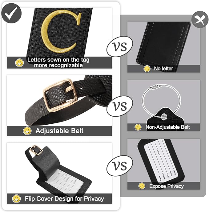 Initial Luggage Tags for Suitcases, Cute Embroidered Letter Luggage Bag Suitcase Identifier Name Baggage Tag, PU Leather Travel Luggage Tags, Bag Tags for Men Women Kids Luggage Handbags(Black C)