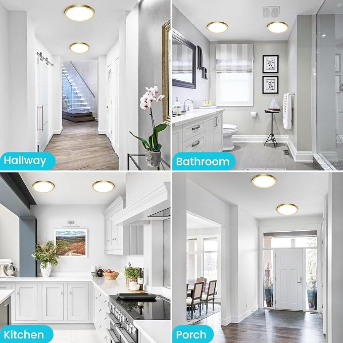 Libtit 7 Inch Golden Flush Mount Light, 15W Aureate Ceiling Light Fixture, 3000K/4000K/6500K Color Selectable, Gilded Round Lighting for Bedroom, Kitchen, Pantry, 4Pack