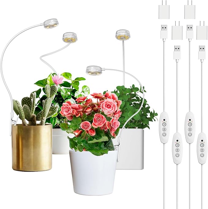 SANSI Grow Lights for Indoor Plants, Pot Clip-On Plant Light, 4-Pack | ETL Listed, 4-Level Dimmable, Auto On Off 3 6 12 Hrs Timer, Small Plants, Garden White, 5V USB Powered