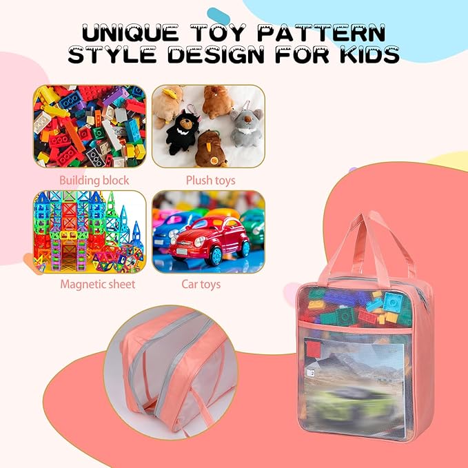 4 Pack Extra Large Mesh Toy Zipper Storage Bags(11.8 * 9.8 * 5.2in),Magnetic Tiles Block Sets Plush Toy Storage Organizer with Pockets, Travel Breathable See Through Colored Pouch with Handle