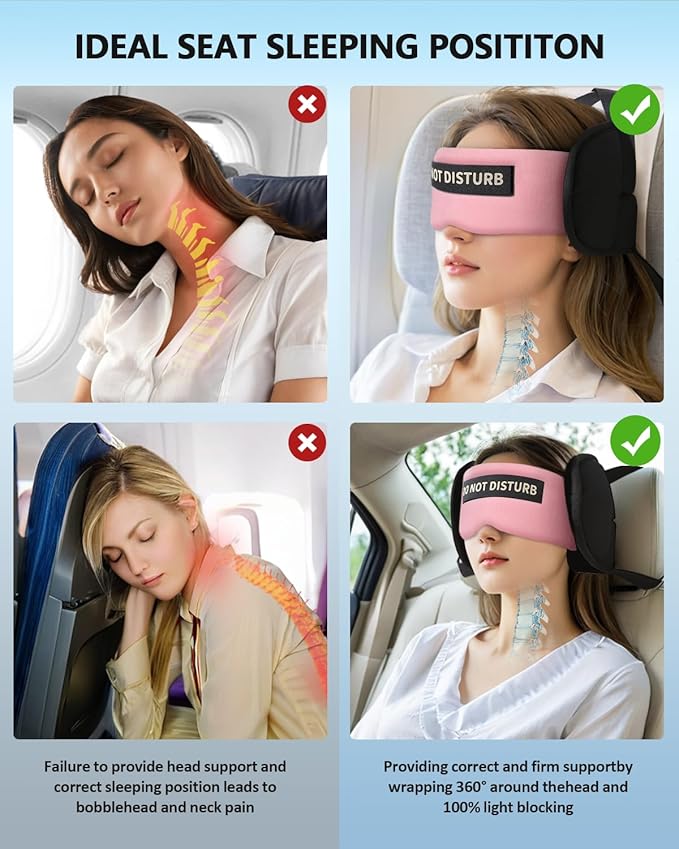 Travel Pillows for Airplanes, Airplane Pillow for Long Flights Sleeping with Eye Mask, 360° Support Plane Head Strap Compact Travel Essentials for Air Travel Sleep Neck Upright, Stop Bobblehead (Pink)