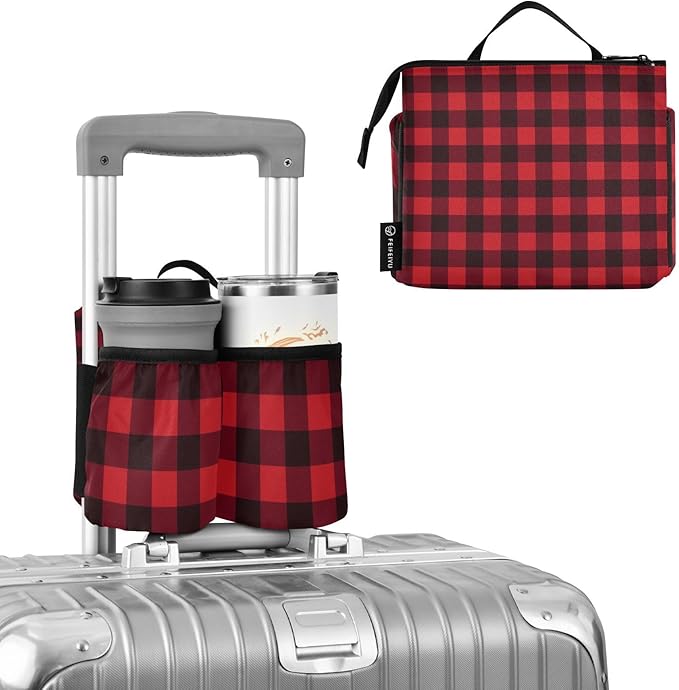 Luggage Cup Holder for Suitcases Free Hands Travel Cup Holder Portable Suitcase Cup Drink Holder Luggage Cup Caddy Bag Carrier Red and Black Buffalo Plaid