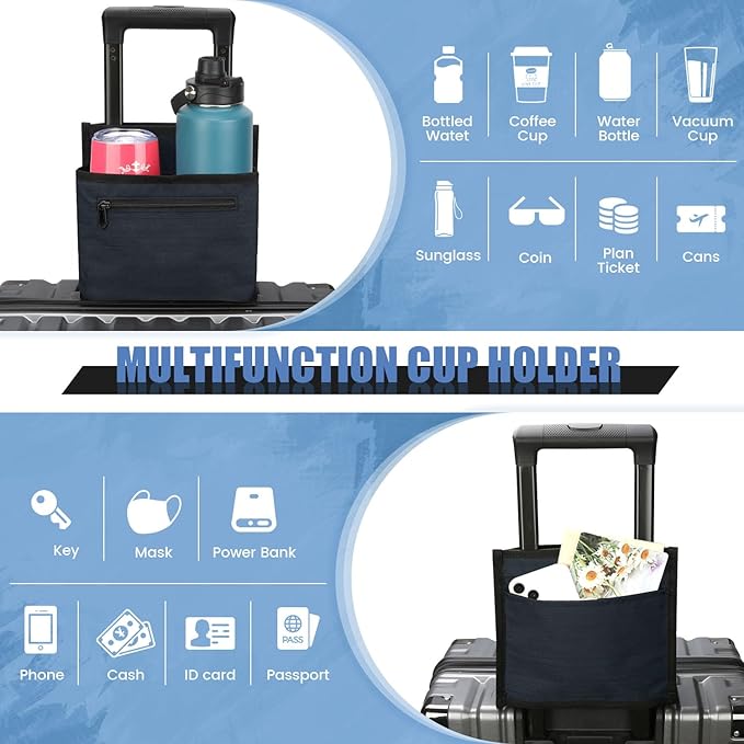 ZHCHG Luggage Travel Cup Holder Attachment for Suitcase Drink Carrier Caddy, Coffee Mug and Tumblers, Traveler Carry on Hands Free Accessory- Gifts for Flight Attendants Travelers Accessories- Navy