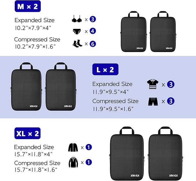 6 Set Compression Packing Cubes for Travel, Suitcases and Carry On, Luggage Organizer Bags for Travel Accessories