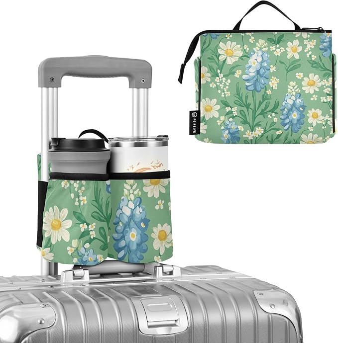 Mint Green Bluebonnet and Daisy Flowers Luggage Cup Holder Travel Portable Free Hand Drink Carrier Suitcase Drinks Beverage Holder Carry-On Bottle Mug Holder Organizer Bag Travelers Accessorie