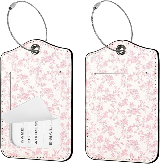 Seorsok 2Pcs Luggage Travel Tags for Suitcases,Elegant Sage Pink Floral PU Leather Name Tag with Privacy Cover&ID Label Address Card and Durable Metal Ring Suitable for Men Women Handbags Backpack