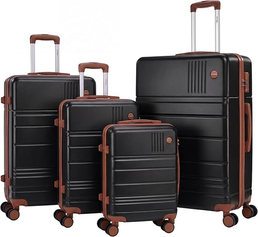 Hoteel Luggage Sets 4 Piece, 4-Year Warranty, Carry-On Luggage with Dual-Spinner Wheels, PC+ABS Hardside Suitcase Set with TSA Lock, Large Checked Travel Suitcases, Black(16/20/24/28)