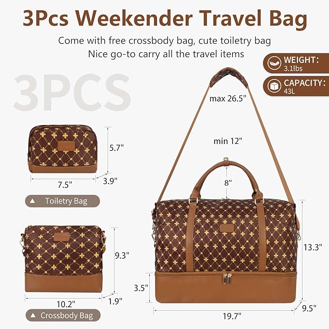 Weekender Bag, Large Travel Duffel Bag for Women, Carry on Overnight Bag with Shoe Compartment and Toiletry Bags
