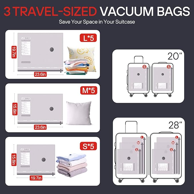 VMstr 15-Pack Vacuum Seal Bags for Clothing Travel, Carry-on Size for Luggage Compression Packing, Space Bags with Plug-in Electric Pump