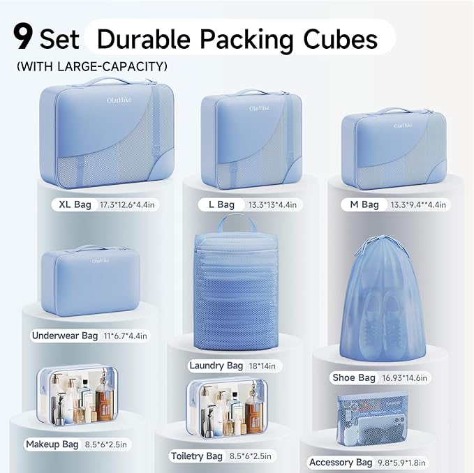 11 Set / 9 Set Packing Cubes for Travel,Gifts for Women Mom Kids,TSA Approved Bags for Makeup, Cosmetic, Toiletry, Organizers for Suitcase Carry On,Cruise Essentials Airplane Accessories,Light Blue