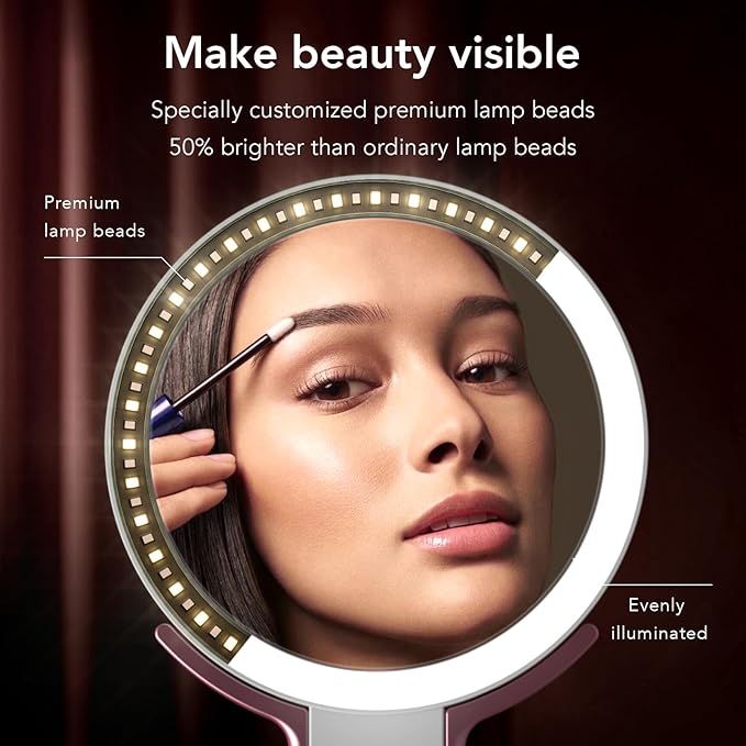 LitBear Travel Makeup Mirror with Lights, Rechargeable Double-Sided 10X/1X Magnifying Mirror, Portable Lighted Beauty Mirror, 3 Color Lighting, Dimmable Touch Screen, Tabletop Handhold Hanging (White)