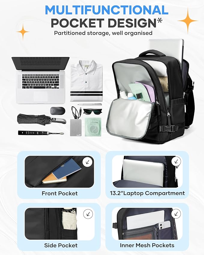 coofay Black Travel Backpack Carry on Flight Approved Mochila De Viaje Personal Item Backpack for Airlines Frontier Airlines Personal Item Bag Large Backpack for Travel Backpacks for Men Women