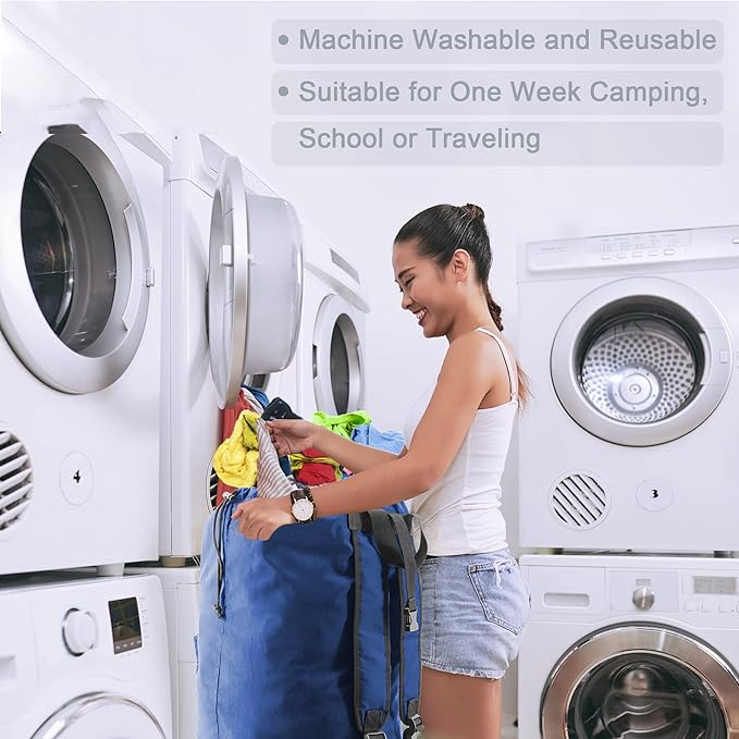 BeeGreen Laundry-Bag-Backpack-Heavy-Duty, Royal Blue Nylon Drawstring Portable Laundry Backpack Tall Foldable Extra Large Dirty Clothes Travel Bag with Handle College Dorm Apartment Essentials