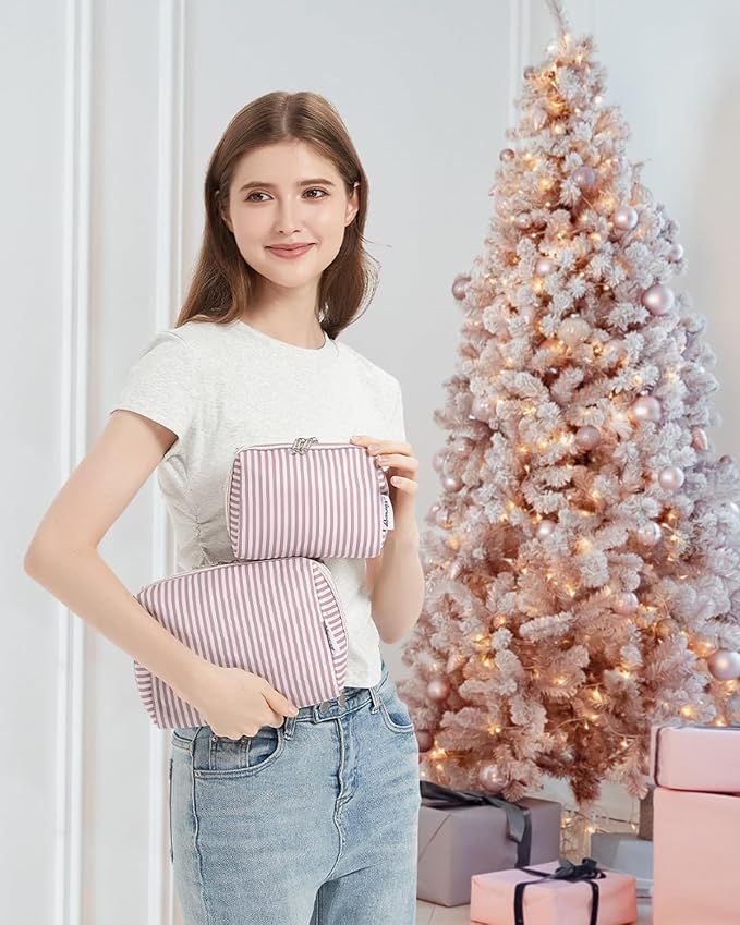 Narwey Small Striped Makeup Bag for Purse Mini Cosmetic Bag Travel Makeup Pouch Zipper Pouch Cute Make up Bags with Compartments for Women Girls (Dusty Rose Stripe, Small)