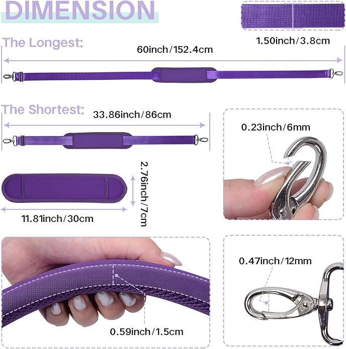 60 Inch Shoulder Strap with Removable Ultra-Thick Pad，Adjustable Buckles and Metal Hooks
