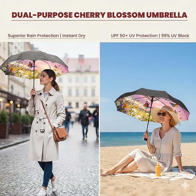 SIEPASA Compact Travel Umbrella - Windproof Auto Open/Close, Lightweight Folding Umbrella wIth Fiberglass Frame & Waterproof Canopy. Fits Backpack/Purse. (Garden Butterfly)