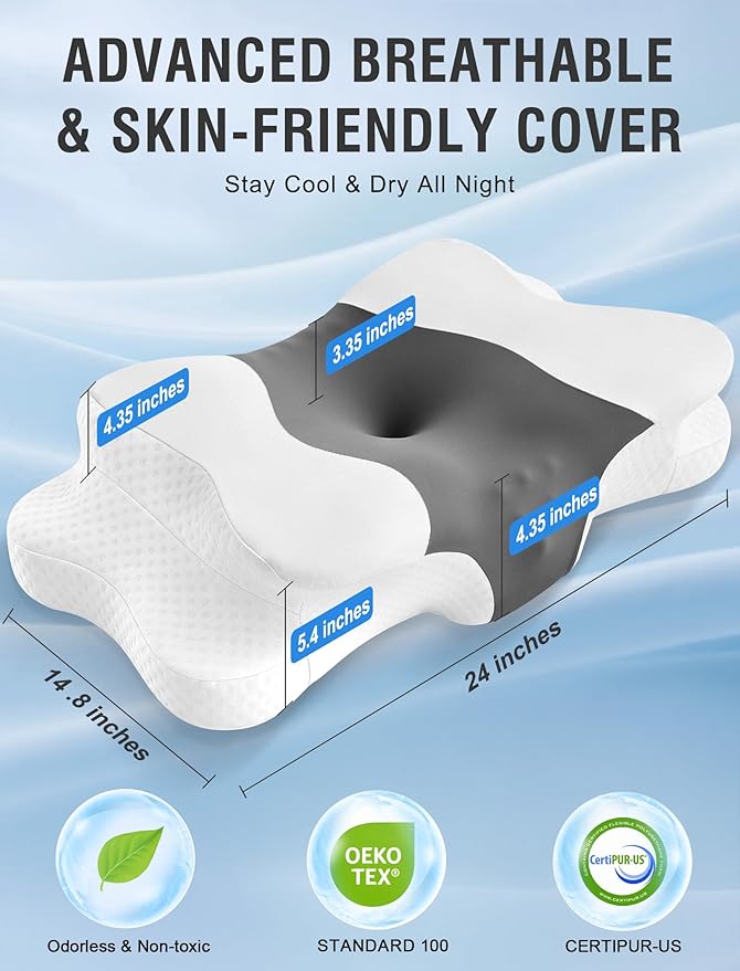 DISSA Cervical Neck Pillow for Side Sleepers Ergonomic Contour Memory Foam Pillow with Adjustable Orthopedic Neck Support for Pain Relief - Gift for Christmas & Birthdays