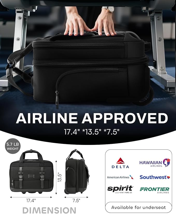 Rolling Laptop Bag, Briefcase for Men and Women, 16 Inch Computer Bag with Wheels Underseat Carry on Luggage, Laptop Briefcase Case for Work, Travel, College Teacher, Mobile Office Bag, Black