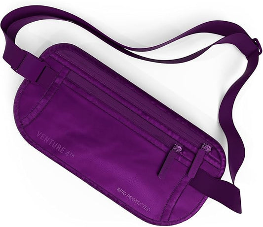VENTURE 4TH Money Belt for Travel – Hidden Under-Clothes RFID Blocking Passport Holder & Slim Travel Wallet Pouch for Men & Women to Protect Cash, Cards & Documents (Sleek Purple)