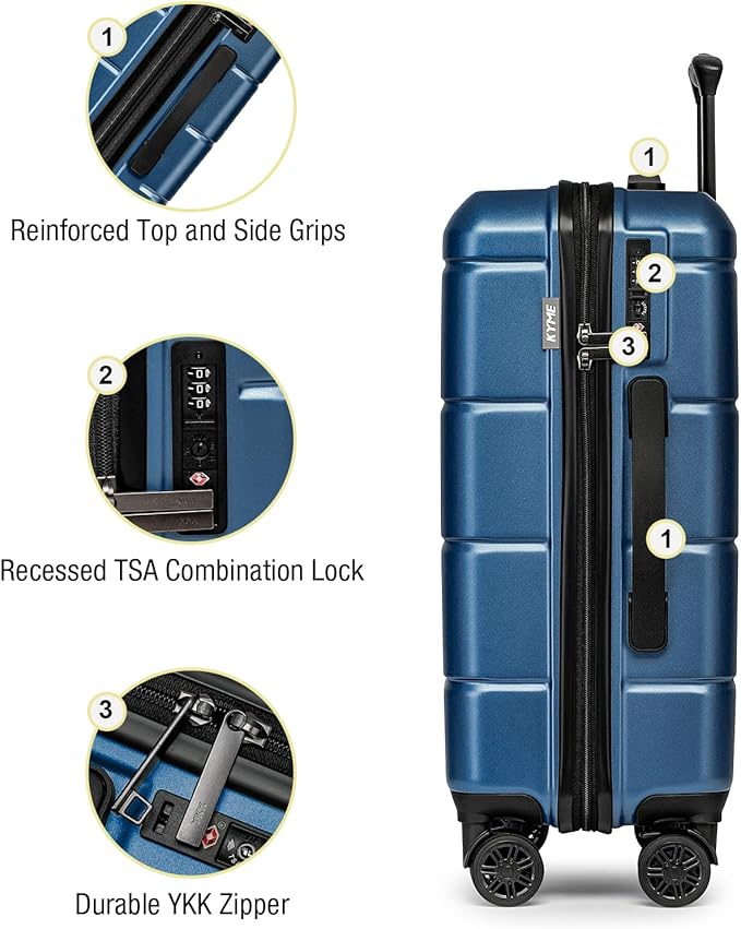 KYME Carry On Luggage 22x14x9 Airline Approved Hardshell Carry On Suitcases with Wheels Travel Rolling 20 Inch Luggage with Cup Holder for Women Men,Carry-on Blue